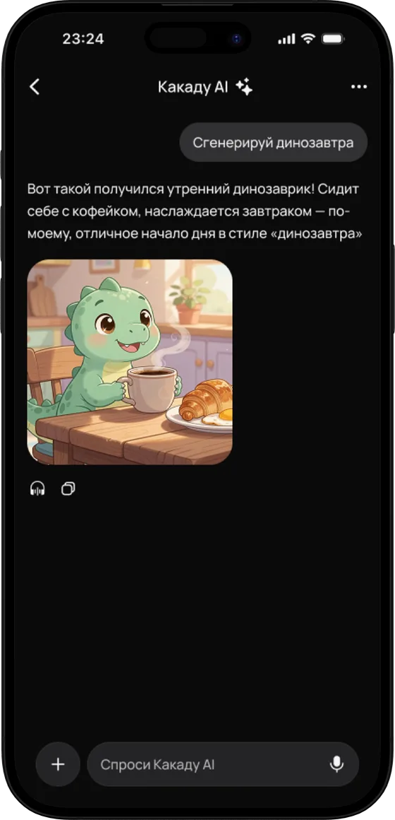 Чат Какаду AI: по запросу сгенерировать динозавтра ассистент рисует картинку мультяшного динозаврика с чашкой кофе и круассаном